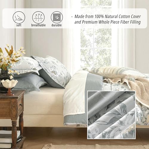 LEMIROE Floral Cotton Comforter Queen Size - Light Grey Comforter Printed with Vintage Ivory Flowers & Dark Yellow Stamens,Reversible Lightweight Bedding Sets 3Pcs(90"×90") - color: Vintage Floral - Light Grey, size: Full/Queen (90"×90")