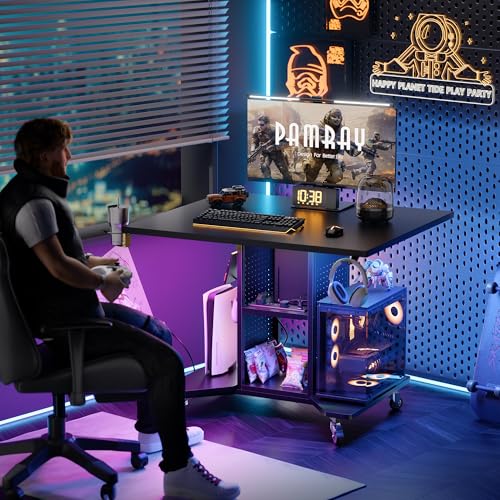 Pamray Small Gaming Desk Rolling Computer Table Balck | Movable, with Led Lights Power Outlets, with Storage Pegboard and Hook, Sturdy, Suitable for Study Gaming Bedroom Dorm - color: Black