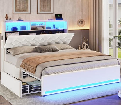 Queen Bed Frame with 4 Drawers & Storage Headboard, Lights, Cream | LED Bed Frame Queen Size with Charging Station, 5 Shelves, Velvet Upholstered Bed with Metal Slats, No Box Spring Needed - color: Creamy White-velvet, size: Queen