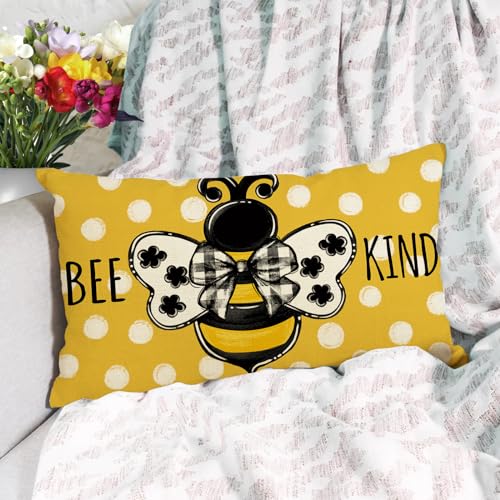 Fahrendom Spring Honey Bee Kind Lumbar Decorative Rectangle Pillow Cover | 12 x 20, Summer Bumble Bee Yellow Porch Patio Outdoor Pillowcase, Polka Dots Seasonal Sofa Couch Cushion Case Home Decor - color: Bee Kind, size: 20" x 12" (Pack of 1)