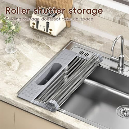 Roll Up Dish Drying Rack Over Sink, 17.5" x 15.2" Foldable SUS304 Stainless Steel Kitchen Dish Drainer, Heat-Resistant Multipurpose Rolling Sink Rack Organizer,Grey - size: Grey（17.5" X 15.2"）