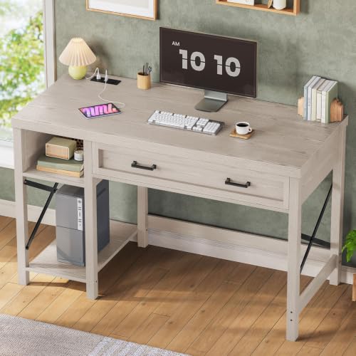 SEDETA Farmhouse Small Desk with Drawers, 40" Computer Desk with Storage Shelves, Writing Desk for Small Space and Power Outlet, Desk for Bedroom, Home Office, Mahogany Grey - color: Mahogany Grey