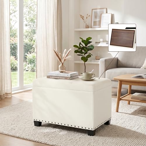 Homebeez Storage Ottoman with Tray Top, 22" Tufted Fabric Coffee Table with Storage, Foot Rest Ottoman with Nailhead Trim, for Living Room Bedroom, White - color: White Linen