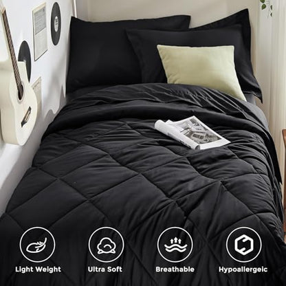 5-Piece Twin Comforter Set, Black | Reversible, All-Season, Soft, 5 Piece Set, All-Season Reversible Bed in a Bag, Flat Sheet, Fitted Sheet, Pillowcases - color: Black, size: Twin