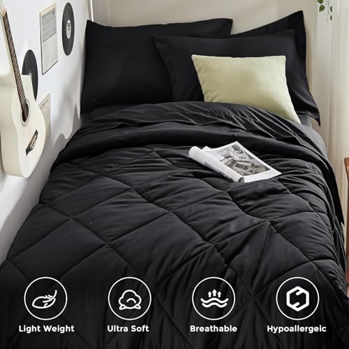 5-Piece Twin Comforter Set, Black | Reversible, All-Season, Soft, 5 Piece Set, All-Season Reversible Bed in a Bag, Flat Sheet, Fitted Sheet, Pillowcases - color: Black, size: Twin