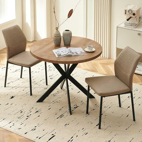 37" Round Dining Table Set for 2, Mid Century Modern Small Coffee Set for Dining Room Kitchen Apartment (Walnut Table + 2 PU Leather Beige Chairs) - color: Beige, size: 37" Brown Round Table+2 Chairs