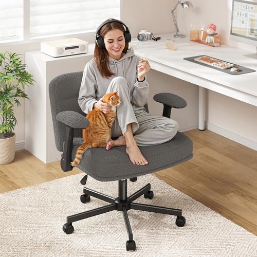 DurayLoly Criss Cross Chair with Wheels & Flip-up Arms | 360° Swivel,Plush Teddy Fabric Cross Legged Chair,Adjustable Heightfor Bedroom, Home Office, Apartment,Grey - color: Grey
