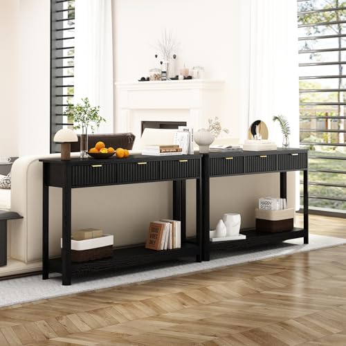 RUSTOWN Fluted Wood Console Table with 3 Drawers, 47.2" Boho Entryway Table | Narrow Behind Couch Sofa Table, Open Storage Shelf, Curved legs, 2 Tier Modern Farmhouse Hallway Table for Living Room, Foyer - color: Black