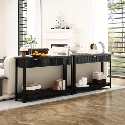 RUSTOWN Fluted Wood Console Table with 3 Drawers, 47.2" Boho Entryway Table | Narrow Behind Couch Sofa Table, Open Storage Shelf, Curved legs, 2 Tier Modern Farmhouse Hallway Table for Living Room, Foyer - color: Black