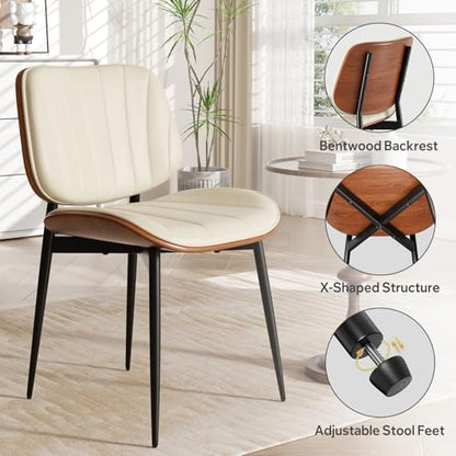 Dining Chairs Set of 6, Mid Century Modern Dining Room Chair, Upholstered Faux Leather Kitchen Chairs with Walnut Bentwood Back and Metal Legs for Kitchen Dining Room Living Room, Beige - color: Beige, size: Set of 6