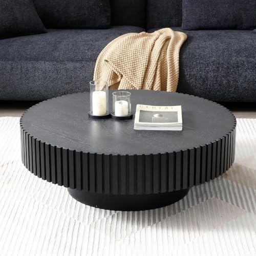 39.37'' Black Round Coffee Table for Living Room, Modern Wood Nesting Coffee Table Handcraft Circle Fluted Drum Coffee Table, Easy Assembly - color: Black, size: 39.37"x23.62"x13.42"