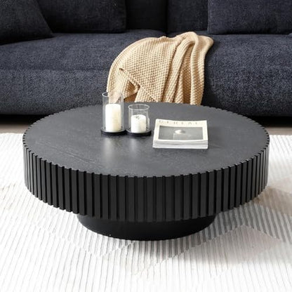39.37'' Black Round Coffee Table for Living Room, Modern Wood Nesting Coffee Table Handcraft Circle Fluted Drum Coffee Table, Easy Assembly - color: Black, size: 39.37"x23.62"x13.42"