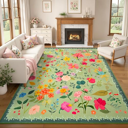 ISEAU Green Rug for Bedroom 4x6 Area Rugs for Kids Room Dorm Rug, Non Slip | Floral Rug with Non-Slip Botton, Low-Pile and Washable Indoor Carpet for Playroom Nursery Dining Room Dorm Decor - color: Green, size: 4ftx6ft