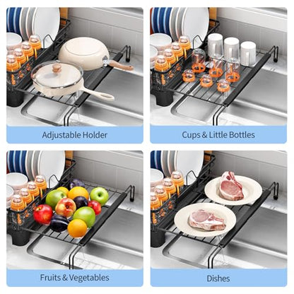 TOOLF Expandable Over The Sink Dish Drying Rack for Kitchen Counter, Black | Extend 12.56"-23.97"L,Stainless Steel & PP,Cups & Cutting Board Holder,Removable Utensil Holder,Adjustable Feet Fit Most Sink - size: 1-Tier(Side Extension)