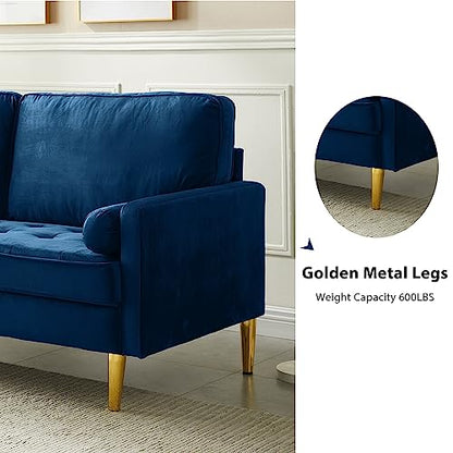 67" Modern Velvet Loveseat Sofa Couch, Mid-Century Tufted Upholstered Small Love Seat Couch with 2 Pillows & 4 Golden Legs, 2-Seats Couches for Compact Space, Living Room, Apartment (Navy) - color: Navy