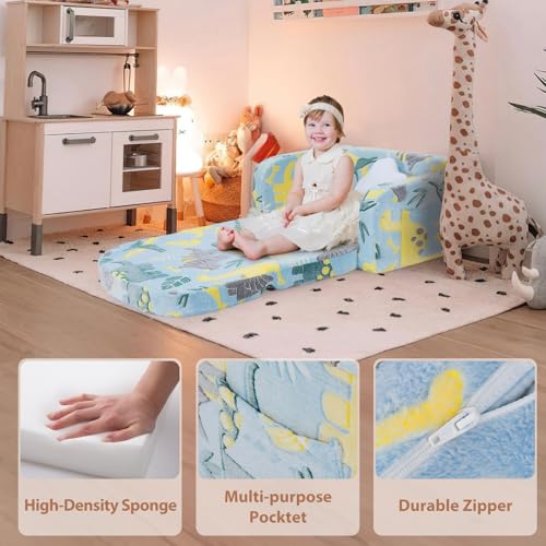 Extra Wide Kids Couch, 2-in-1 Soft Toddler Couch with Blanket, Glow in The Dark, Comfy Toddler Chair with Cloud Pillow, Convertible Sofa, Dinosaur - color: Dinosaur