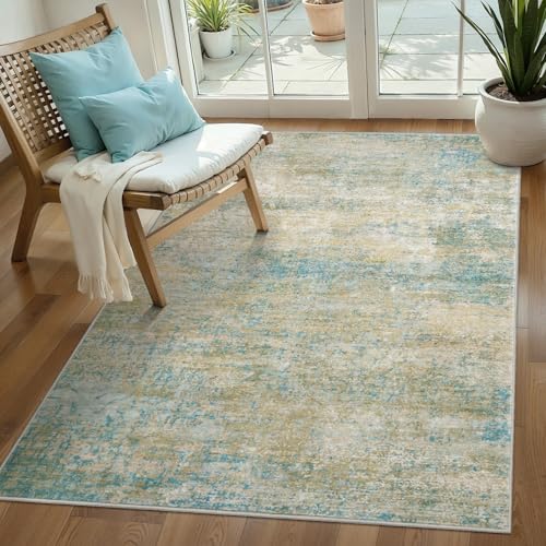 Tangsoo Abstract 3x5 Washable Area Rug, Modern Non Slip Indoor Accent Rugs | Contemporary Print 3x5 Carpet, Soft Low Pile Foldable Rugs for Living Room Bedroom Bedside Entryway Blue Beige Home Decor - color: Mist Blue/Beige, size: 3' X 5' (Rectangular)