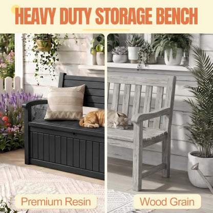 Storage Bench Outdoor Deck Box, 100 Gallon Lockable Patio Furniture, Black | Waterproof & UV Resistant Seating, Indoor/Outdoor Shoe Storage Cabinet for Garden Cushions, Tools, Patio, Pool Supplies