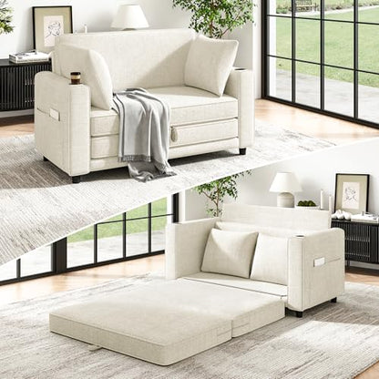 51" Loveseat Convertible Sofa Bed with Cup Holder, Small Couch 2 in 1 Pull Out Sleeper Couch, Floor Folding Couch Sofa with Two Pillows for Living Room, Apartment, Dorm (Beige) - color: Beige