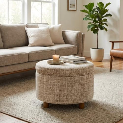 HomePop 24" Large Round Storage Ottoman - Cream Textural Woven - color: Cream Textural Woven