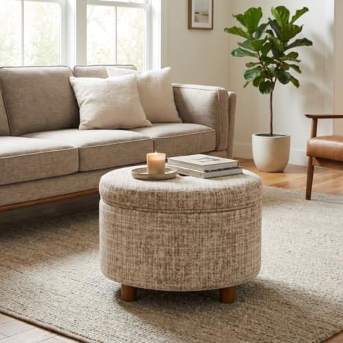HomePop 24" Large Round Storage Ottoman - Cream Textural Woven - color: Cream Textural Woven