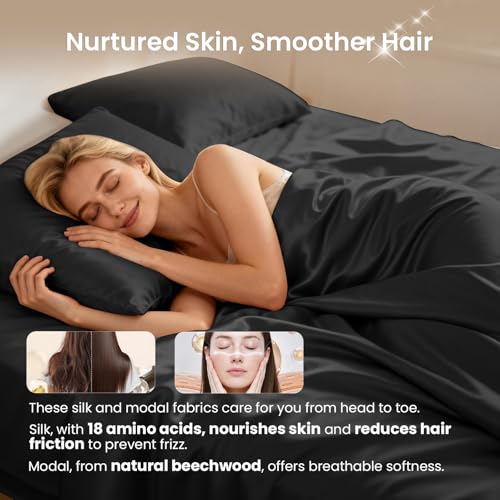 THXSILK Luxury Full Silk Duvet Cover Set 3 Pieces, Extra Soft, Breathable & Cooling Bedding Set, Machine Washable & Durable, 1 Duvet Cover & 2 Pillowcases with Zipper Closure(Black) - color: Black, size: Full (3 pcs)