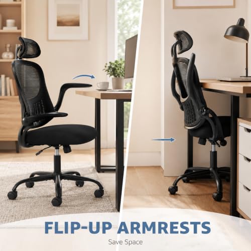 Black Ergonomic Office Chair, High Back Mesh Desk Chair with Adjustable Headrest Lumbar Support, Computer Chairs with Flip-up Armrests and Thickened Cushion for Adults Home Office, 360° Swivel - color: Black With Headrest