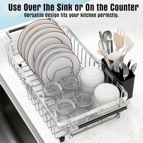 Expandable Dish Drying Rack in Sink,Stainless Steel Over The Sink Dish Drainer Drying Rack for Kitchen Counter,with Utensil Holder,Silver