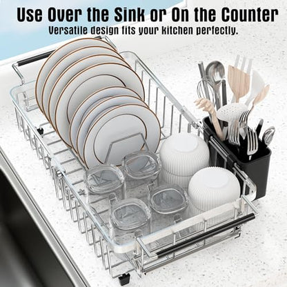 Expandable Dish Drying Rack in Sink,Stainless Steel Over The Sink Dish Drainer Drying Rack for Kitchen Counter,with Utensil Holder,Silver