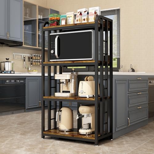4-Tier Kitchen Baker's Rack with Rolling Wheels, Microwave Oven Cart Stand, Adjustable Utility Shelving Storage Unit, Heavy Duty Organizer Rack for Living Room, Garage, Home and Office(Brown)