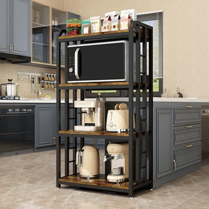 4-Tier Kitchen Baker's Rack with Rolling Wheels, Microwave Oven Cart Stand, Adjustable Utility Shelving Storage Unit, Heavy Duty Organizer Rack for Living Room, Garage, Home and Office(Brown)