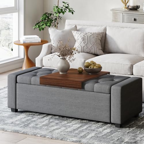 Storage Ottoman Bench with Tray,Large Entryway Ottoman with Storage, Rectangular Bench with Cushion and Safety Hinge for Living Room Bedroom - color: Darkgray With Tray