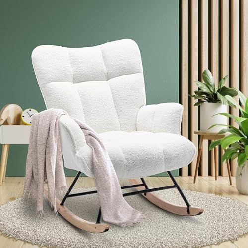 Rocking Chair Nursery Teddy Upholstered Glider Rocker Rocking Accent Chair Padded Seat with High Backrest Armchair Comfy Side Chair for Living Room Bedroom Offices (White Teddy) - color: White