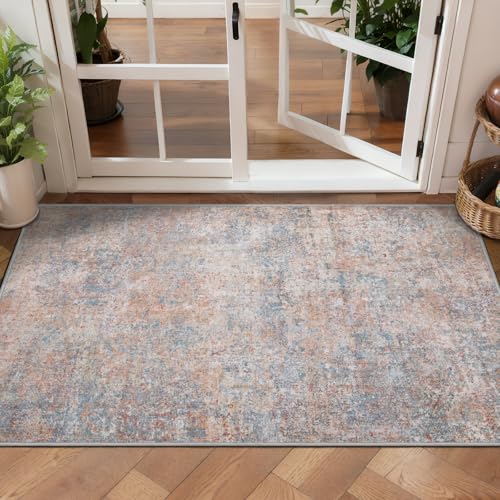 Tangsoo Abstract 2x4 Washable Rug for Entryway, Small Modern Non Slip Rugs | Front Door 2x4 Runner Rugs, Print Door Mat Soft Low Pile Rugs for Entrance Kitchen Entry Bathroom Orange Multi Home Decor - color: Orange Red/Blue, size: 2' X 4' (Runner)