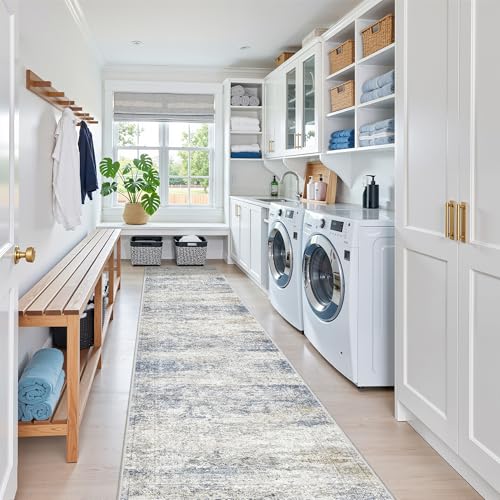 2x10 Runner Rug Non Slip,Washable Hallway Runner Rug,Blue | Long Neutral Rugs for Kitchen,Entryway,Bedroom,Bathroom,Laundry Room,Thin,Soft Runner Rug,Stain Resistant Indoor Carpet - color: Blue/Brown/Ivory, size: 2' x 10' (Runner)
