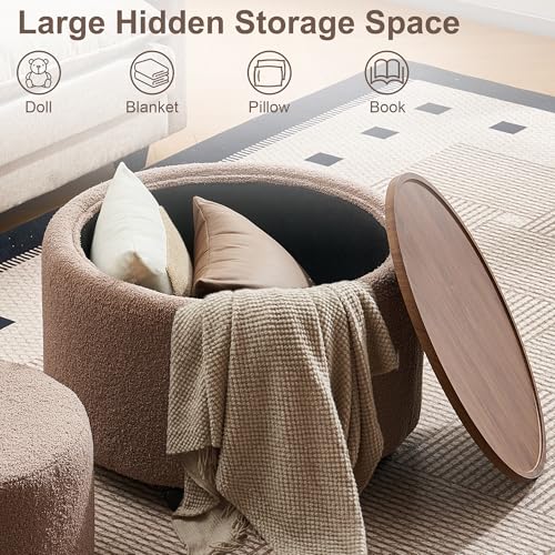28 Inch Round Storage Ottoman with Wheels Set of 2, Multifunctional Coffee Table Ottoman with Removable Solid Wood Lid, Modern Circle Ottoman Foot Rest for Living Room, Bedroom, Brown - color: Brown