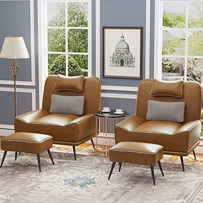 35" Accent Chair with Ottoman, Wide PU Leather Chair and Ottoman | Oversized Upholstered Armless Chair Mid Century Modern Side Chair with Ottoman For Living Room Bedroom Lounge Chair Brown - color: Brown