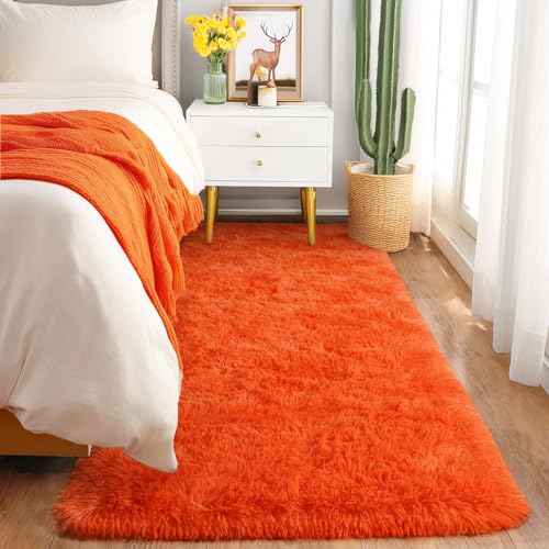 Fluffy Runner Rug for Bedroom Hallways, Orange 2x6 Area Rug for Living Room | Modern Shaggy Carpets Fuzzy Indoor Floor Rug for Boys Girls Dorm Teens Home Decor Aesthetic, Upgrade Non-Slip Durable - color: Orange, size: 2' x 6' (Rectangular)