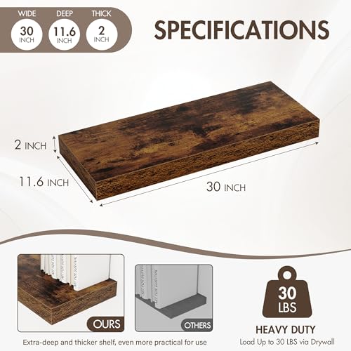 Acovy 30 Inch Floating Shelves, 12" Deep Floating Shelf Wall Mounted, 30" Wall Shelves, Rustic Deep Bookshelf, Extra Deeper & Thicker Display Shelves for Bedroom, Living Room, Brown, Set of 2 - color: Brown, size: 12"Wx30"L-2pcs