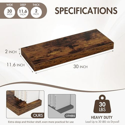 Acovy 30 Inch Floating Shelves, 12" Deep Floating Shelf Wall Mounted, 30" Wall Shelves, Rustic Deep Bookshelf, Extra Deeper & Thicker Display Shelves for Bedroom, Living Room, Brown, Set of 2 - color: Brown, size: 12"Wx30"L-2pcs
