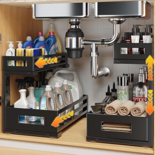 2-Pack Under Sink Organizer and Storage,2-Tier L Shape Pull Out Cabinet Organizer With Round Tube Slide Rails,Hight Adjustable Slide Out Drawers for Kitchen&Bathroom,Multi-Purpose Shelf-Black - color: Black, size: 2 Pack-15.7"Dx11.4"-16.34"H