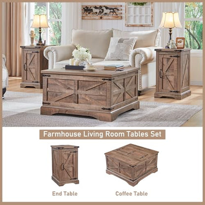 Farmhouse 17" Nightstand with Charging Station, Light Brown | Rectangular/ Rustic End Table with Barn Door /Adjustable Shelf/ Wood Sofa Side Table/ for Living Room, Bedroom - color: Light Brown Color