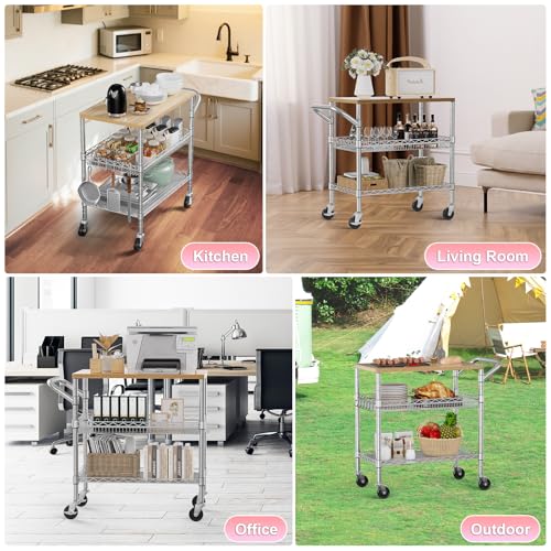 3 Tier Rolling Kitchen Carts with Wheels, Heavy Duty Rolling Utility Cart with Wood Tabletop, Commercial Grade Metal Cart with Handle and Hooks, NSF Storage Serving Island Carts, Light Wood+Metal - color: Light Wood+metal-3 Tier