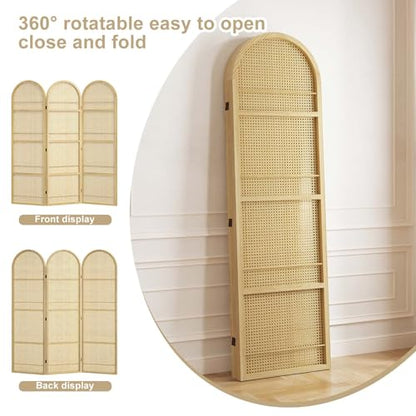Rattan Room Divider with Built-in Bookshelf | Foldable Privacy Screen & Portable Partition for Home Office, Bedroom, Reading Nook | Wooden Frame, Freestanding Design (Natural-Rattan) - color: Natural-rattan