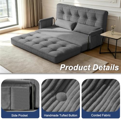 Futon Sofa Bed,Convertible Sofa Bed,Folding Boneless Couches | 3-in-1 Folding Sofa Bed,Boneless Couches for Living Room with Pillow & Side Pocket,High-density Foam,Double Sleeper,Grey - color: Dark Grey, size: Full