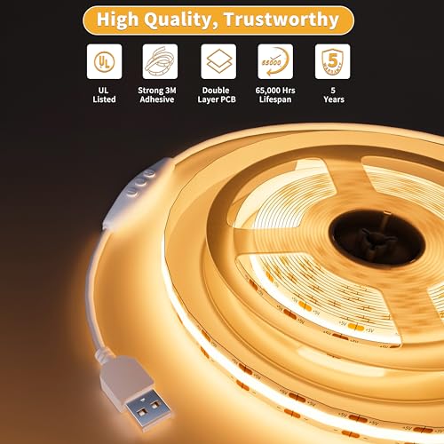 PAUTIX 5V USB COB LED Strip Light 6.56ft/2m 1200lm, Dimmable 640LEDs 2700K Warm White CRI90+ with RF Remote TV Backlight,Flexible Under Cabinet Tape Light for Bedroom,Kitchen,Home DIY Lighting - color: 2700K