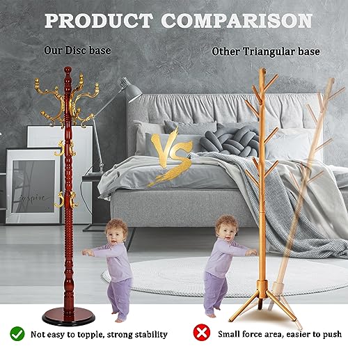 Coat Racks Free Standing with 14 Hooks, Natural Wood Coat Rack with Solid Round Base, Adjustable Height Coat Racks, Easy Assembly for Hallway, Bedroom and Office (Begonia color) - color: Begonia color