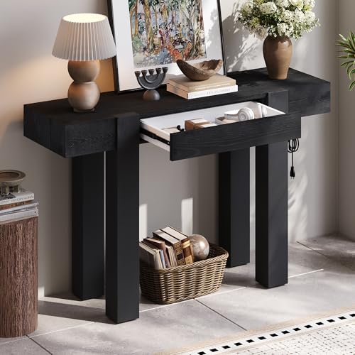 Rustic Console Table with Hidden Drawer, Wooden Sofa Table Behind Couch | Side Power Outlet,for Entryways, Living Room, Foyer, Black - color: Black
