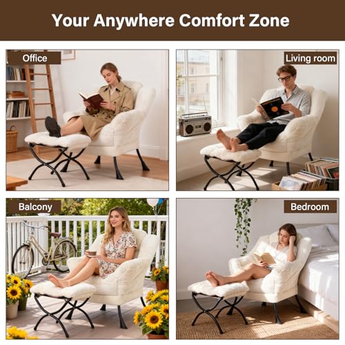 Welnow Lazy Chair with Ottoman, Reading Chair with Footrest, Plush Beige | A Side Pocket,Armrests,Foldable Footrest,Thick Cushioned Seat & Backrest, Lounge Chair for Bedroom,Living Room & Small Space - color: Plush Beige