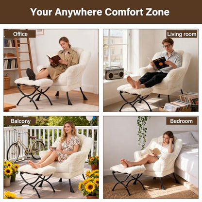 Welnow Lazy Chair with Ottoman, Reading Chair with Footrest, Plush Beige | A Side Pocket,Armrests,Foldable Footrest,Thick Cushioned Seat & Backrest, Lounge Chair for Bedroom,Living Room & Small Space - color: Plush Beige